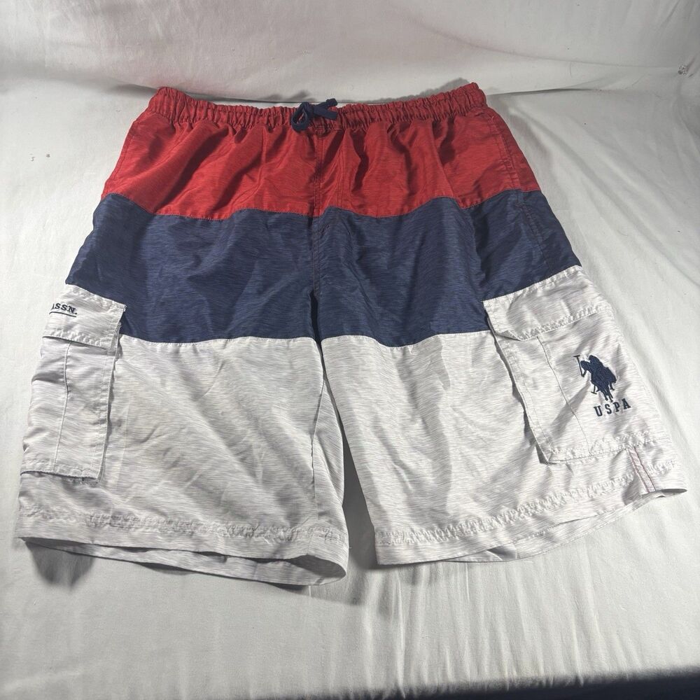 U.S. Polo Assn USPA Color Block Cargo Swim Shorts XXL Red Navy White